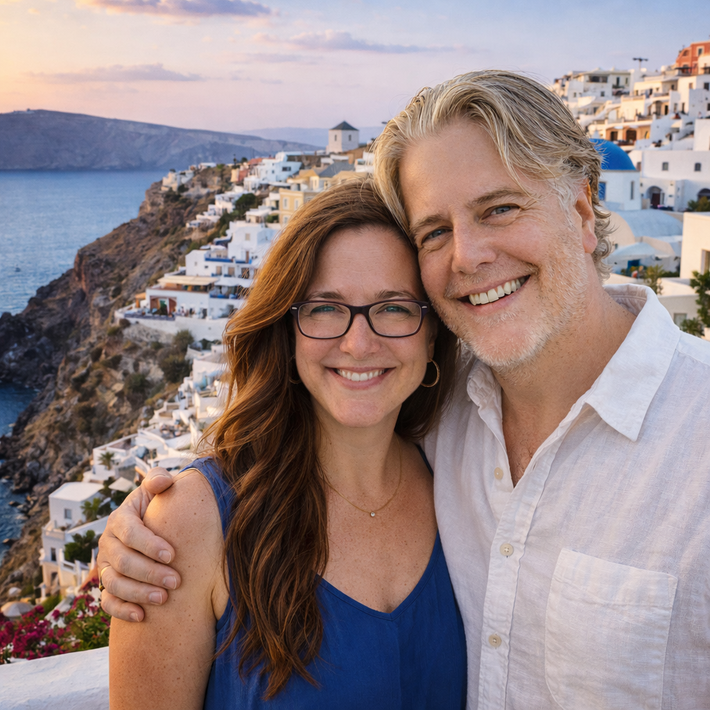 Brian and Bridget viewing the Santorini cliffside