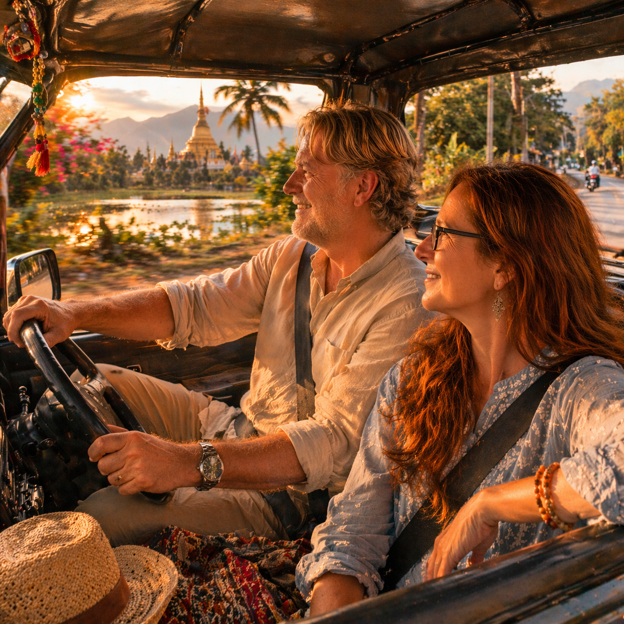 Brian and Bridget driving through Myanmar