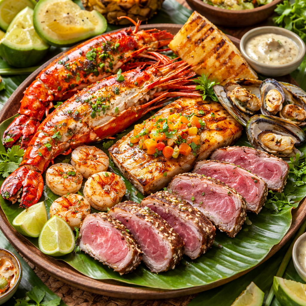 Fresh grilled seafood in Bora Bora