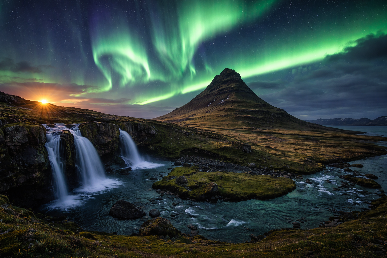 Iceland northern lights or dramatic evening landscape