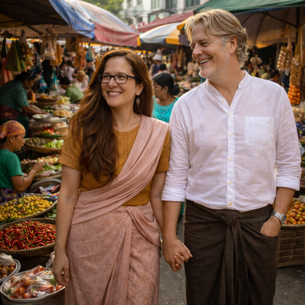 Brian and Bridget walking through a market in Myanmar