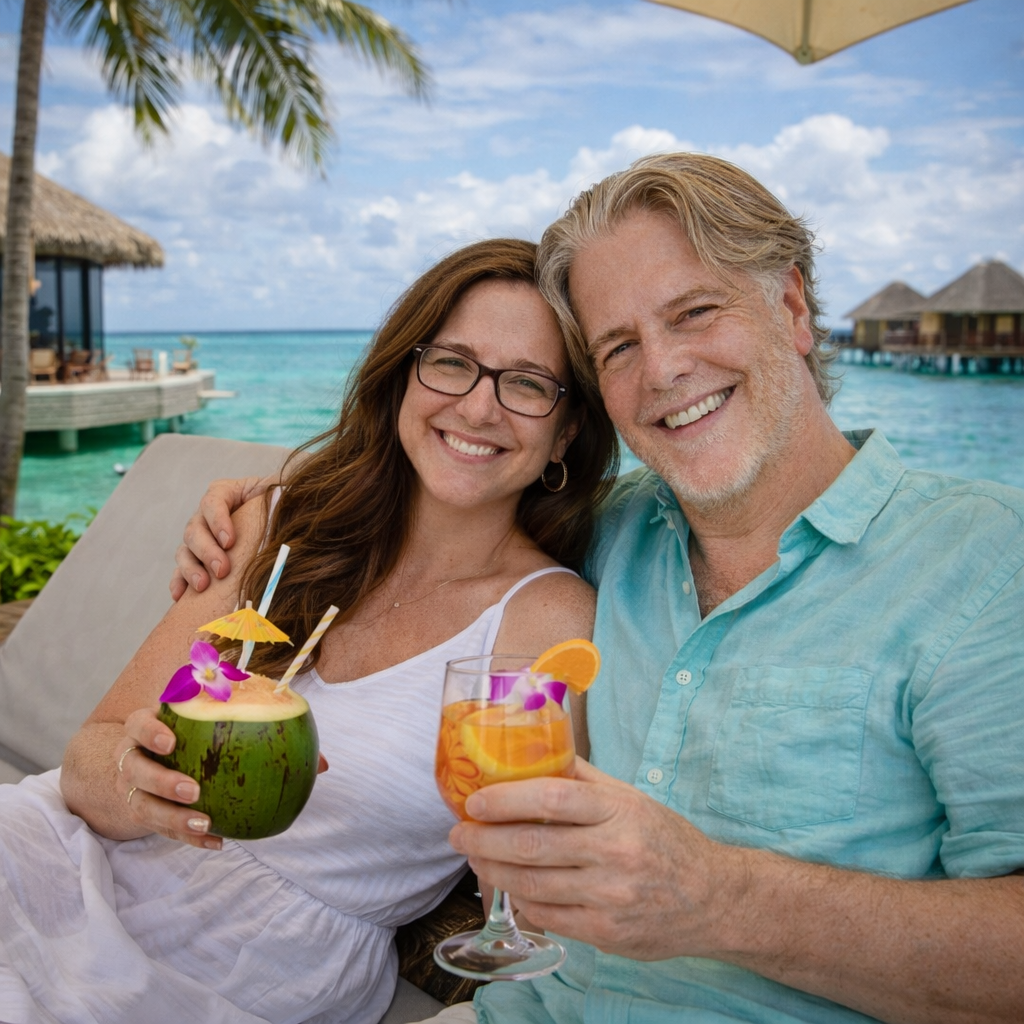 Brian and Bridget relaxing at a luxury resort in the Maldives