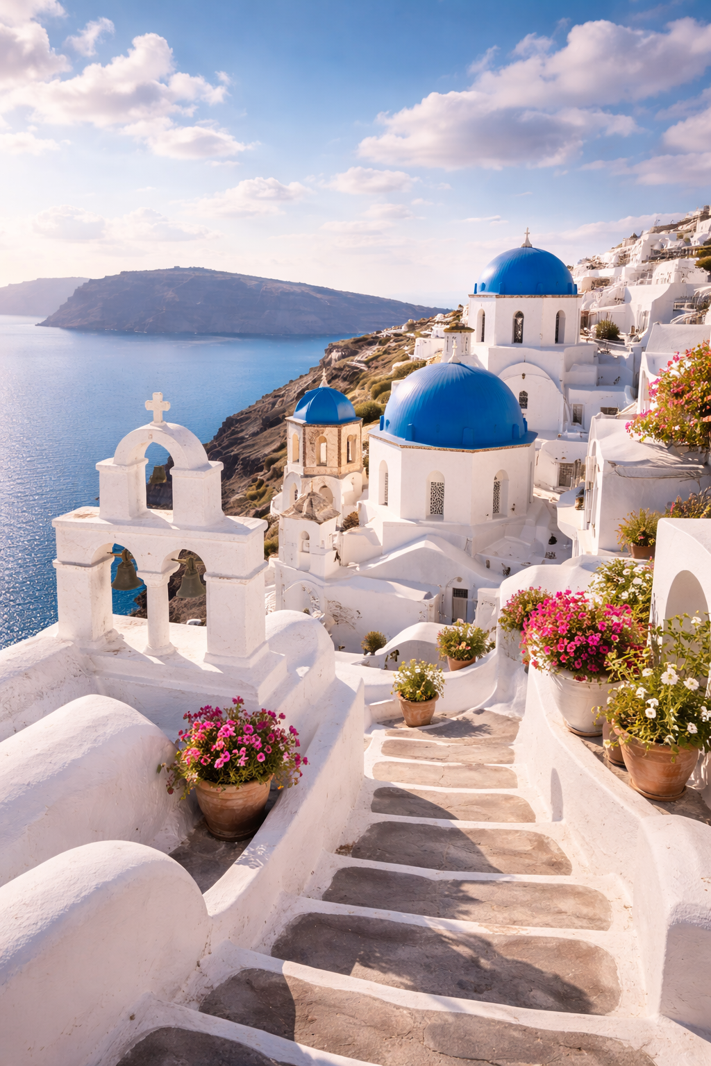 Blue domes and whitewashed buildings in Santorini