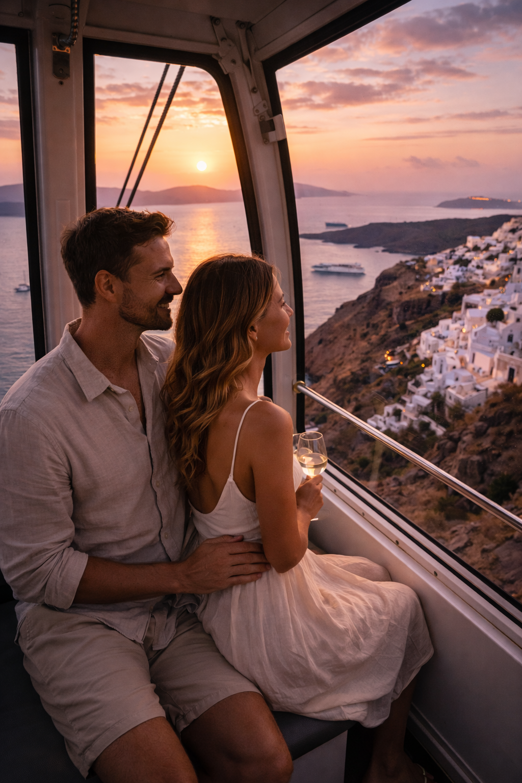 Santorini cable car and island views