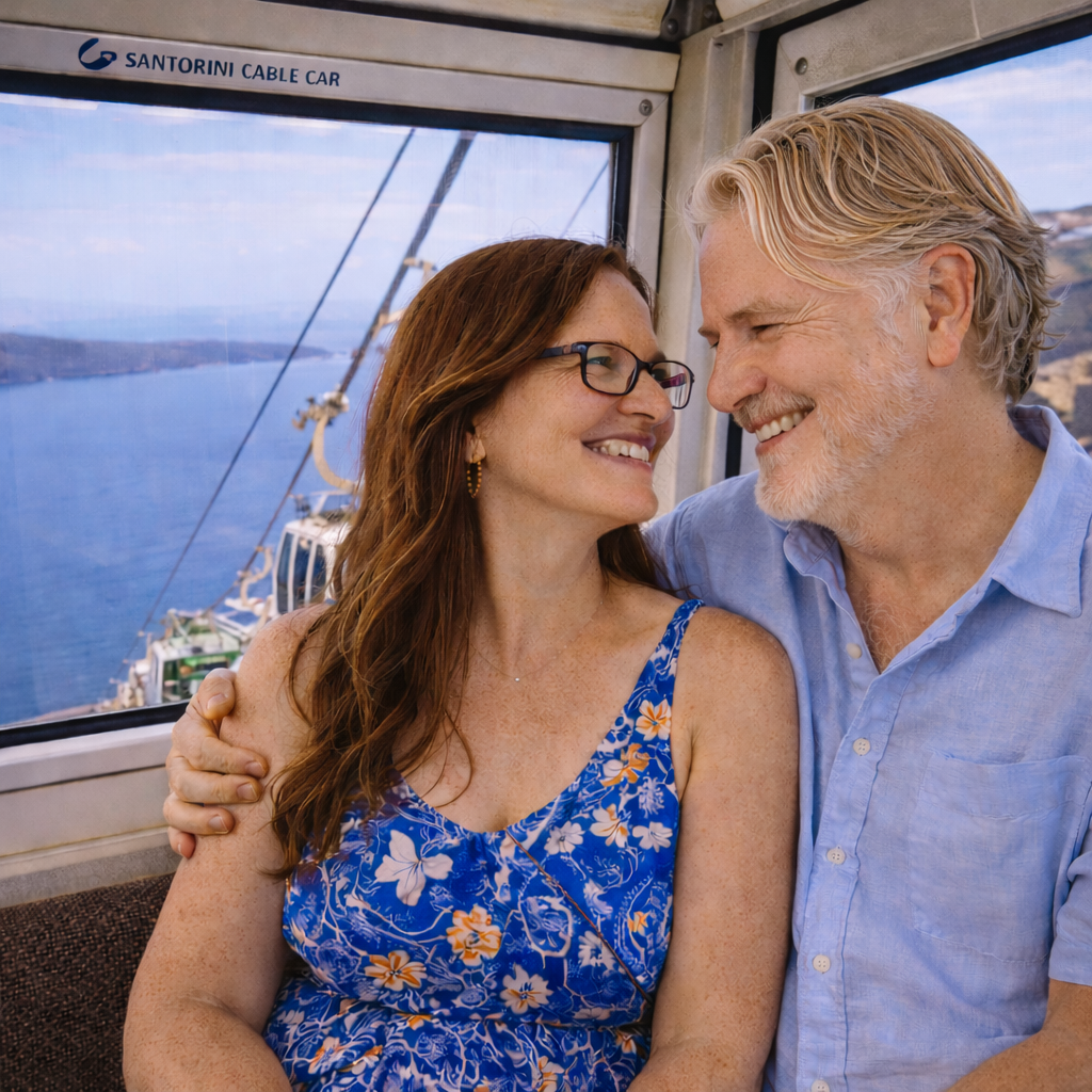 Brian and Bridget inside the Santorini cable car