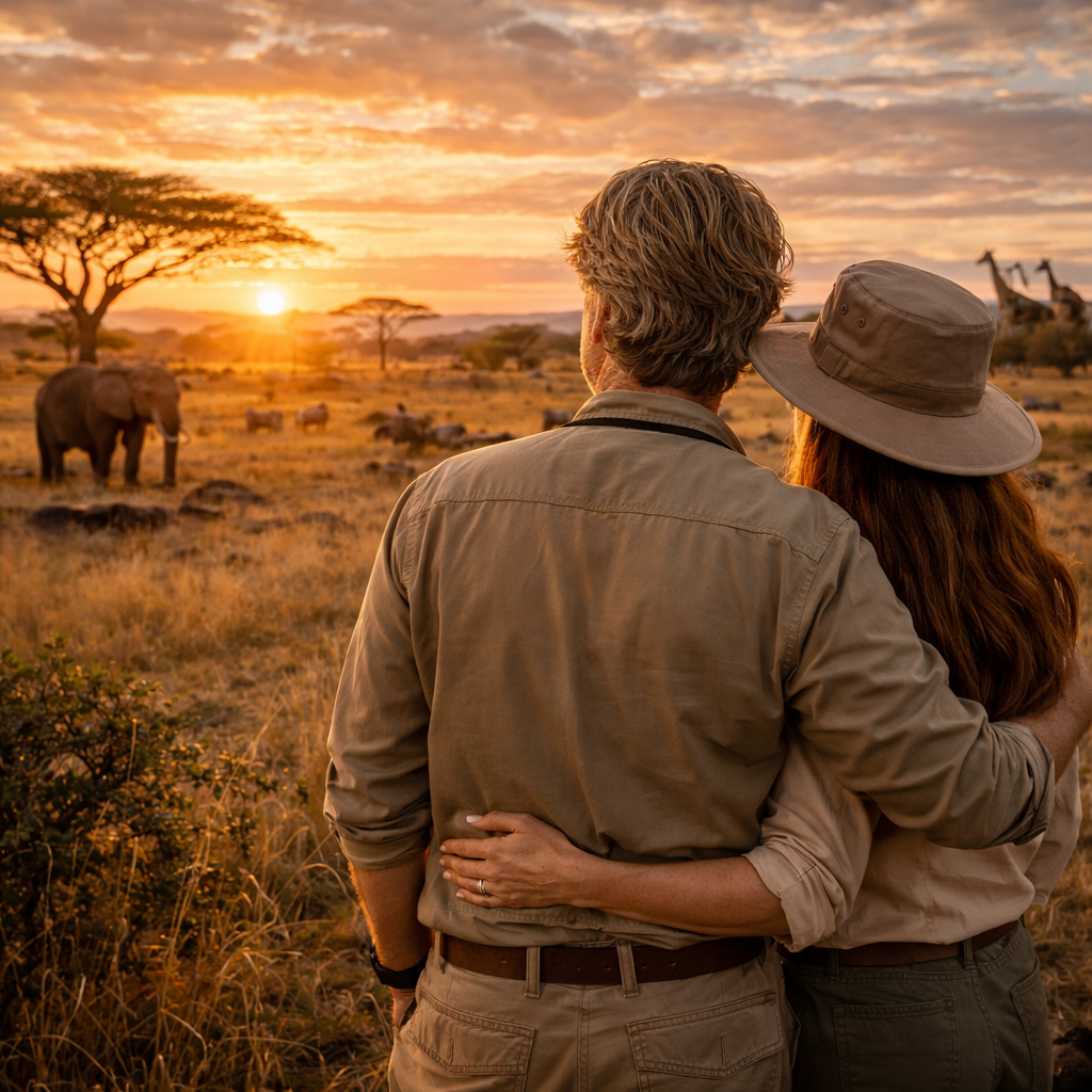 Brian and Bridget enjoying sunset in Serengeti