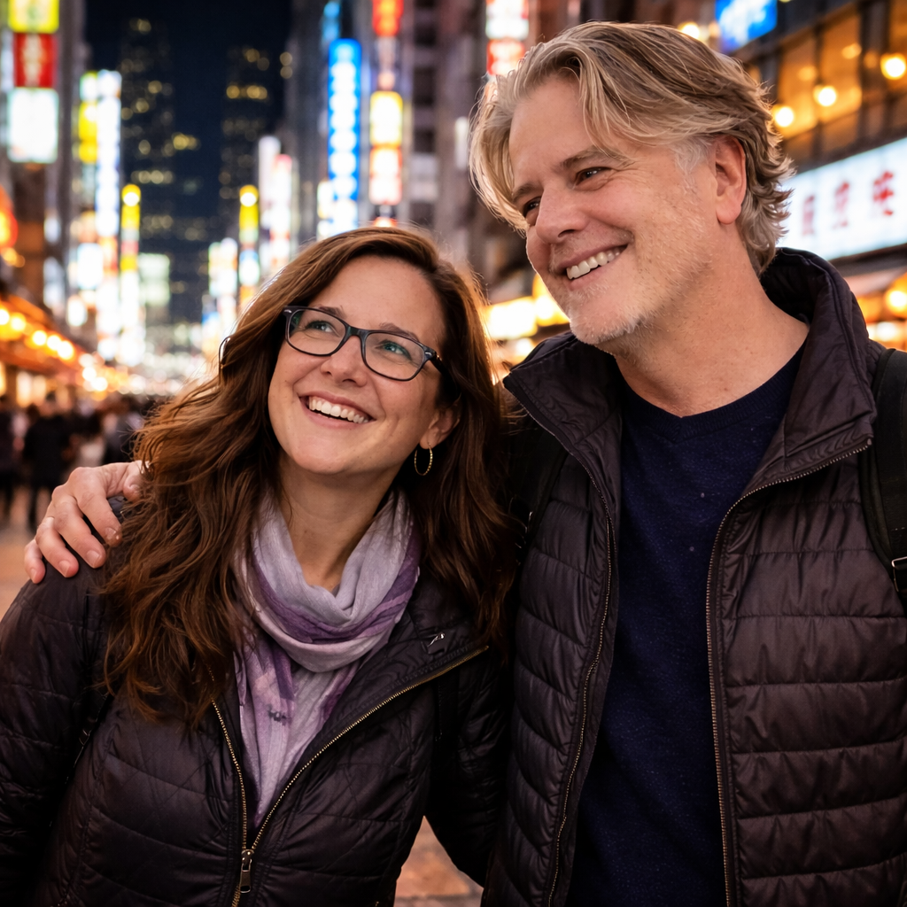 Brian and Bridget walking through Tokyo at night