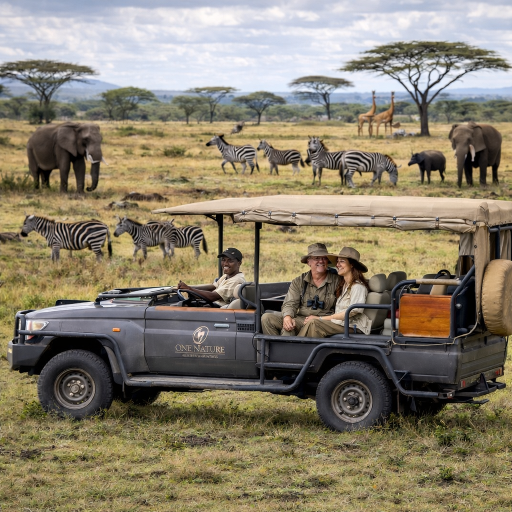 Brian and Bridget viewing wildlife from safari vehicle