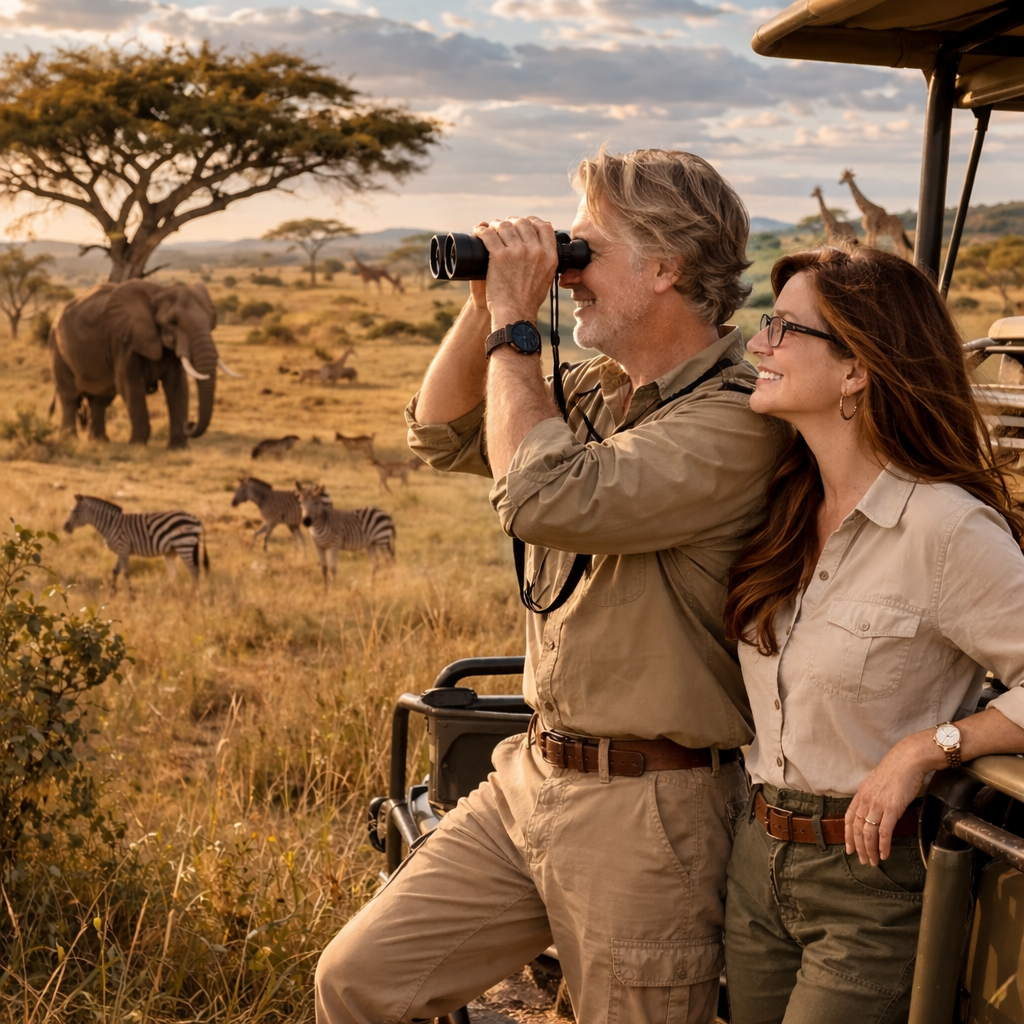 Brian and Bridget spotting wildlife in Serengeti
