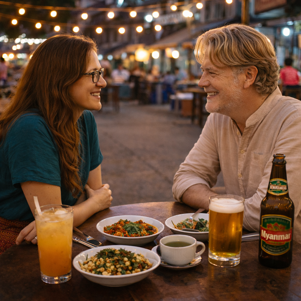 Brian and Bridget having dinner in Myanmar