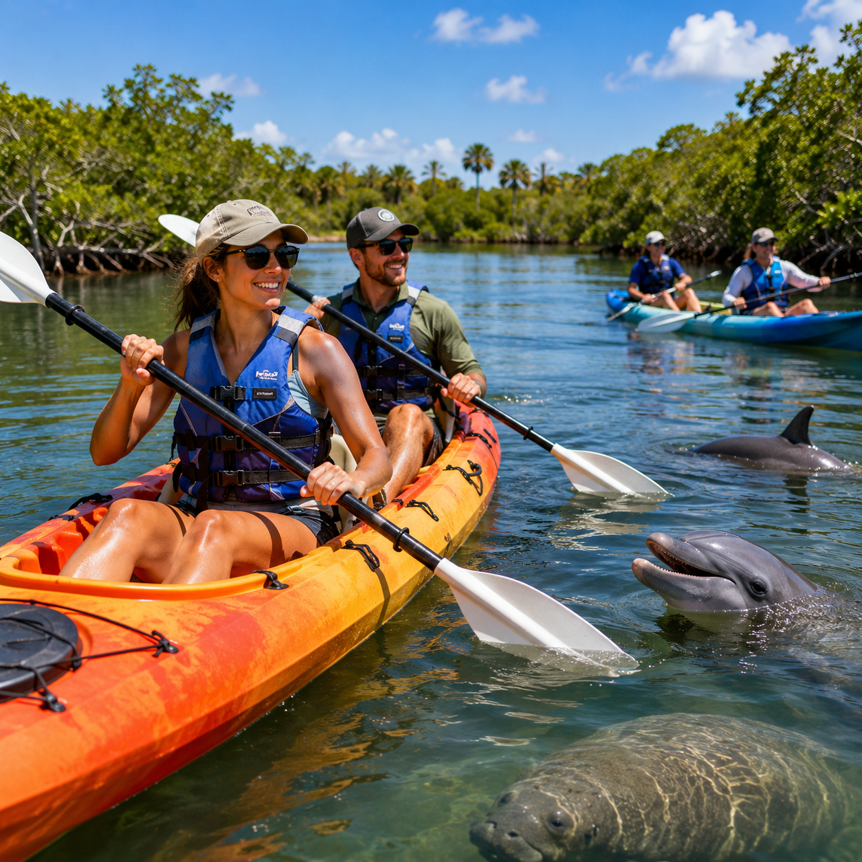 Kayaking with dolphins and manatees