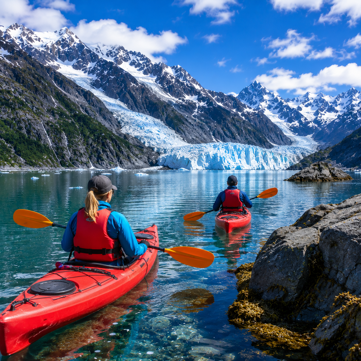Juneau small group sea kayaking with Mendenhall Glacier views
