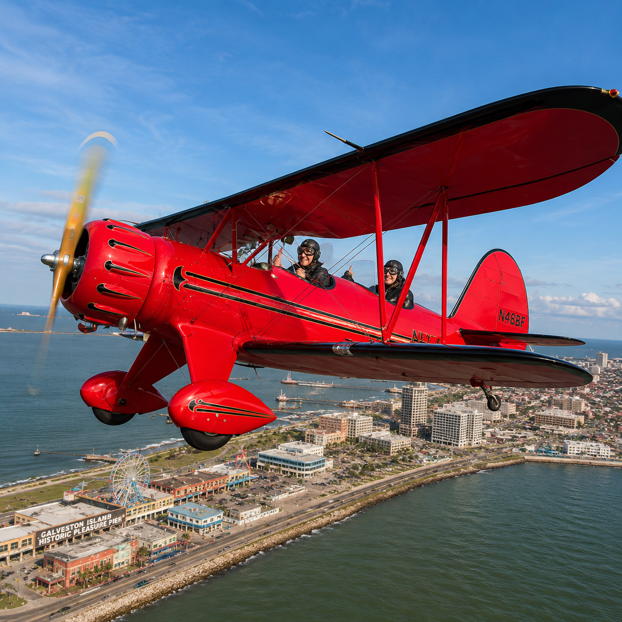 Open cockpit biplane ride in Galveston