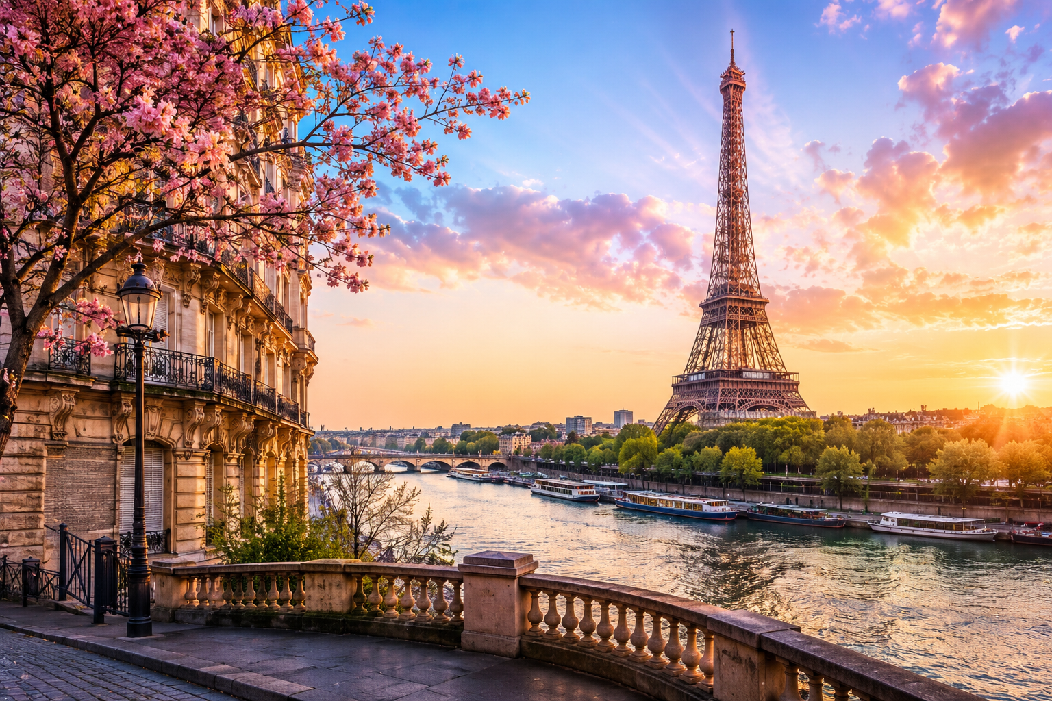 Paris France cityscape featuring the Eiffel Tower, historic architecture, and the Seine River at sunset