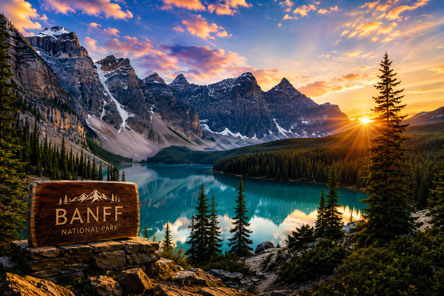 Banff Canada mountain landscape with turquoise lake, pine forests, and snow-capped peaks in the Canadian Rockies