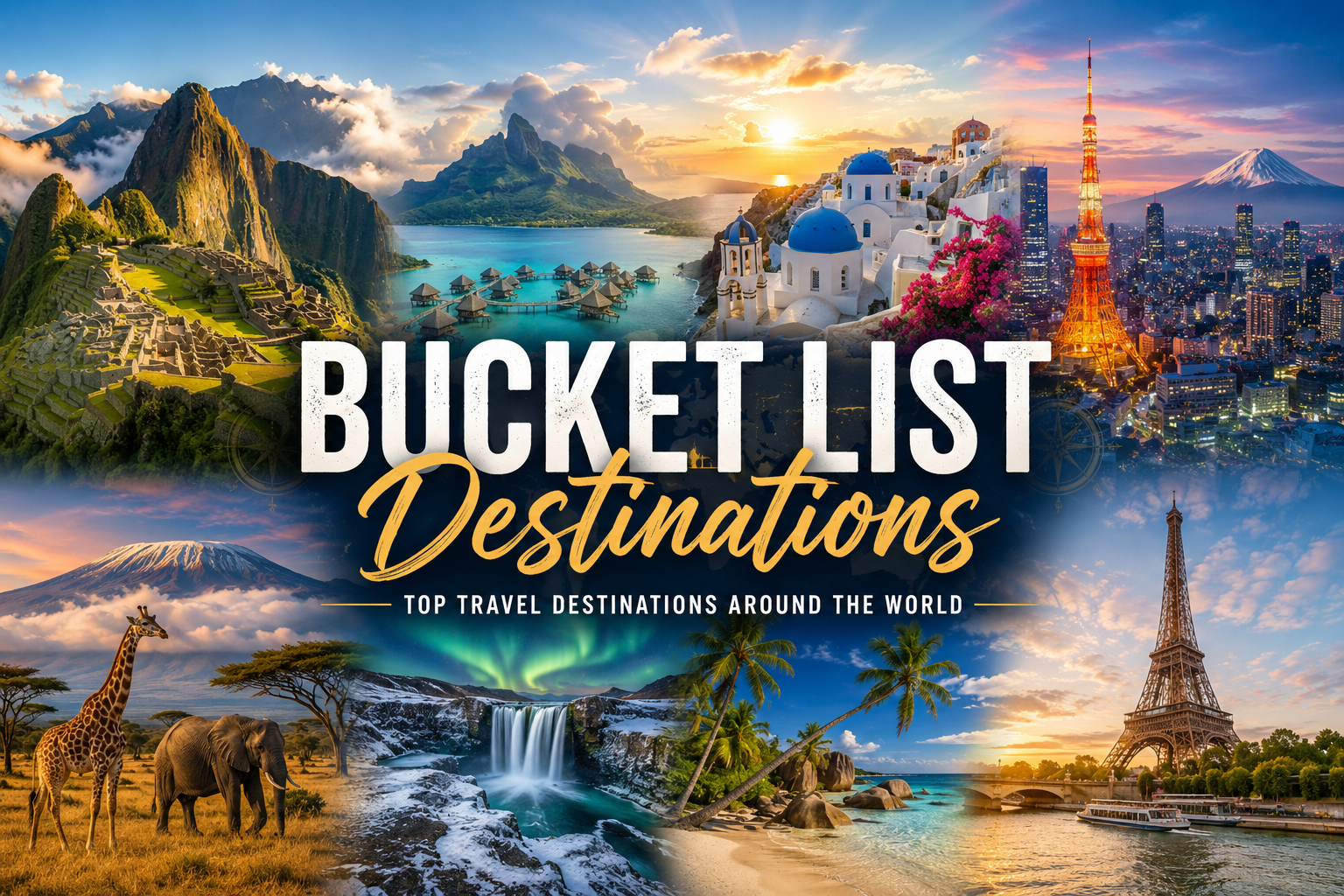 Bucket List Destinations Around the World featuring tropical islands, iconic cities, safaris, and natural wonders